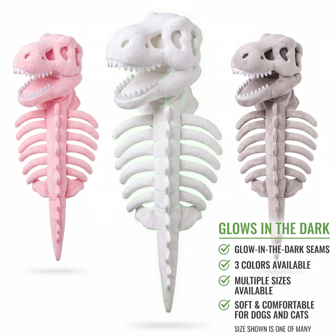 CatSaur glow-in-the-dark dino skeleton pet costume in pink, white, and grey